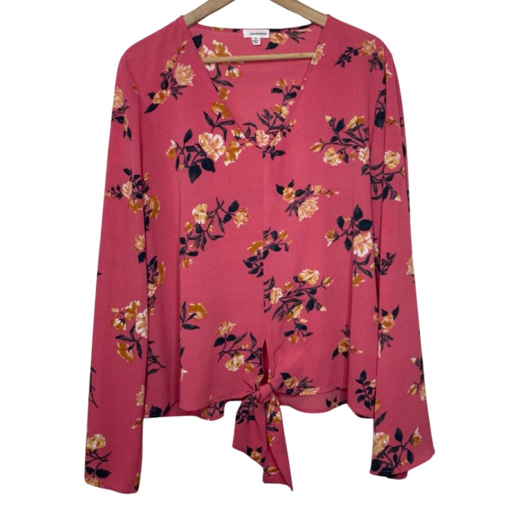 EYESHADOW | Women's Pink Bohemian Long Bell Sleeve Floral Blouse | Size XL